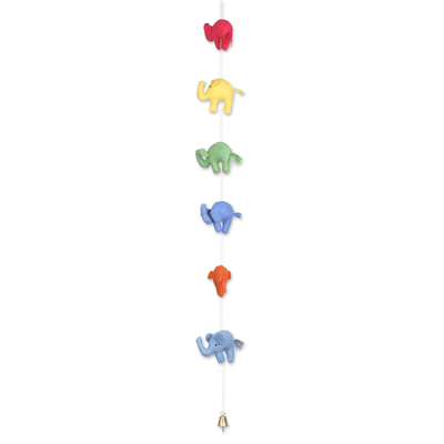 Wool felt mobile, 'Adorable Elephants' - Handmade Elephant Themed Multicolored Felt Mobile with Bell