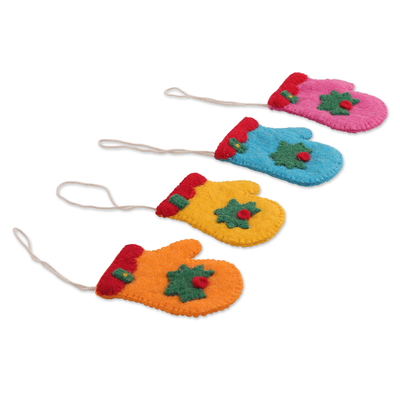 Wool felt ornaments, 'Holiday Gloves' (set of 4) - Set of 4 Handcrafted Wool Felt Christimas Glove Ornaments