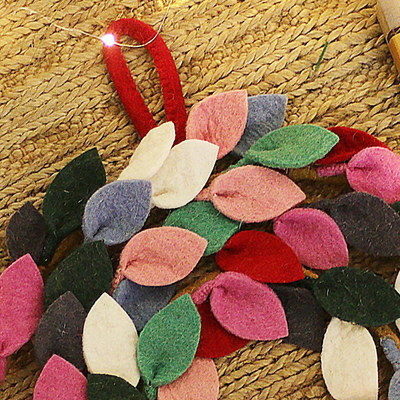 Wool felt wreath, 'Dulcet Foliage' - Handcrafted Leafy Wool Felt Wreath in Pink and Red Hues