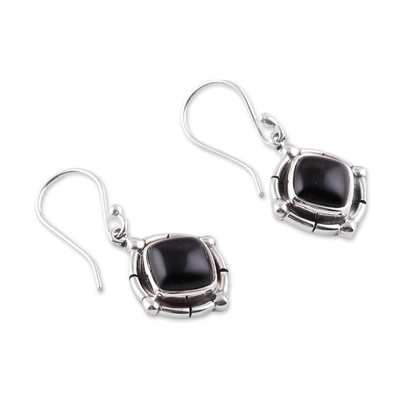 Onyx dangle earrings, 'Nocturnal Affair' - Polished Diamond-Shaped Onyx Cabochon Dangle Earrings