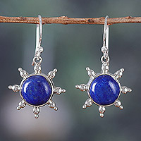 Lapis lazuli dangle earrings, 'Solar Intuition' - Polished Sun-Themed Lapis Lazuli Dangle Earrings from India