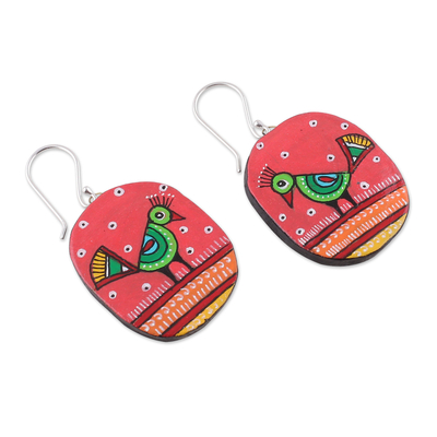 Ceramic dangle earrings, 'Indian Sparrow' - Bird-Themed Green and Pink Ceramic Dangle Earrings