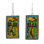 Ceramic dangle earrings, 'Love & Birds' - Rectangular Bird Green and Yellow Ceramic Dangle Earrings