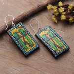 Ceramic dangle earrings, 'Love & Birds' - Rectangular Bird Green and Yellow Ceramic Dangle Earrings