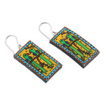 Ceramic dangle earrings, 'Love & Birds' - Rectangular Bird Green and Yellow Ceramic Dangle Earrings