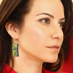 Ceramic dangle earrings, 'Love & Birds' - Rectangular Bird Green and Yellow Ceramic Dangle Earrings