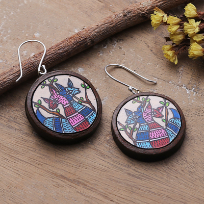 Ceramic dangle earrings, 'Forest Duo' - Round Deer-Themed Blue and Pink Ceramic Dangle Earrings