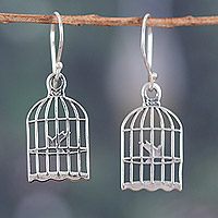 Pendientes colgantes de plata de ley, 'Delicate Liberty' - Pendientes colgantes de plata de ley inspiradores de pájaros enjaulados