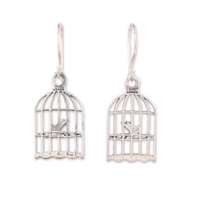 Sterling silver dangle earrings, 'Delicate Liberty' - Inspirational Caged Bird Sterling Silver Dangle Earrings