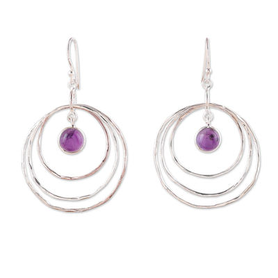 Amethyst dangle earrings, 'Triple Wisdom' - Modern Polished Sterling Silver and Amethyst Dangle Earrings
