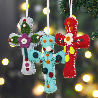 Wool felt ornaments, 'colourful Faith' (set of 3) - Set of 3 colourful Floral Cross-Shaped Wool Felt Ornaments