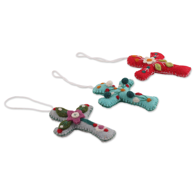 Wool felt ornaments, 'Colorful Faith' (set of 3) - Set of 3 Colorful Floral Cross-Shaped Wool Felt Ornaments