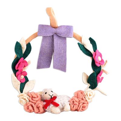 Wool felt wreath, 'Holiday Sheep' - Handcrafted Sheep-Themed Ivory Wool Felt Wreath from India