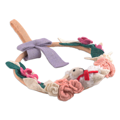 Corona de fieltro de lana - Corona de fieltro de lana color marfil hecha a mano con temática de oveja de la India