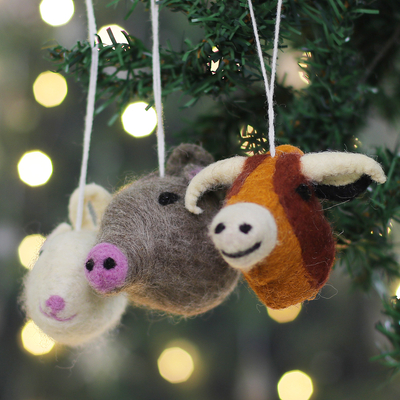 Wool felt ornaments, 'Farm Greetings' (set of 3) - Set of 3 Handcrafted Farm Animal-Themed Wool Felt Ornaments