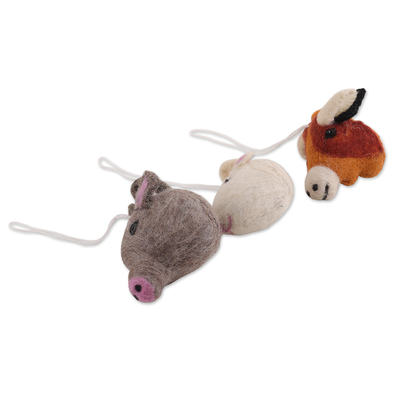 Wool felt ornaments, 'Farm Greetings' (set of 3) - Set of 3 Handcrafted Farm Animal-Themed Wool Felt Ornaments