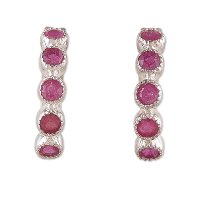Ruby hoop earrings, 'Ruby Days' - Classic One-Carat Ruby and Sterling Silver Hoop Earrings