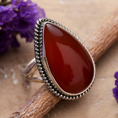 Carnelian cocktail ring, 'Warm Flare' - Polished Natural Carnelian Cabochon Cocktail Ring from India