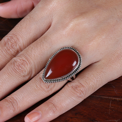Carnelian cocktail ring, 'Warm Flare' - Polished Natural Carnelian Cabochon Cocktail Ring from India