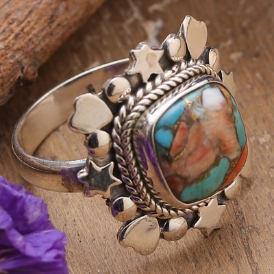 Sterling silver cocktail ring, 'Splendorous Heaven' - Star and Heart-Themed Reconstituted Turquoise Cocktail Ring