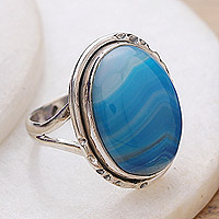 Agate cocktail ring, 'Blue Portal' - Polished Classic Blue Agate Cabochon Cocktail Ring
