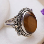 Tiger's eye cocktail ring, 'Fearless Dame' - Classic Polished Tiger's Eye Cabochon Cocktail Ring