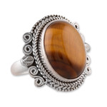 Tiger's eye cocktail ring, 'Fearless Dame' - Classic Polished Tiger's Eye Cabochon Cocktail Ring