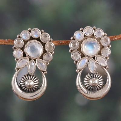 Rainbow moonstone drop earrings, 'Triumph in Spring' - Floral Five-Carat Faceted Rainbow Moonstone Drop Earrings