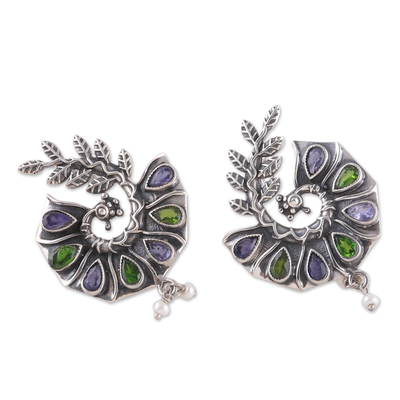 Multi-gemstone dangle earrings, 'Peacock of Jewels' - Peacock-Shaped Two-Carat Multi-Gemstone Dangle Earrings