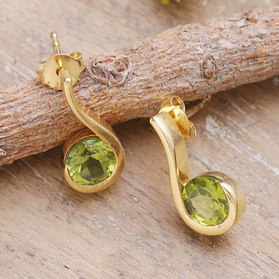 Gold-plated peridot drop earrings, 'Eden's Lime Droplet' - 22k Gold-Plated One-Carat Natural Peridot Drop Earrings