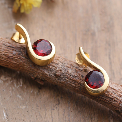 Gold-plated garnet drop earrings, 'Eden's Cherry Droplet' - 22k Gold-Plated One-Carat Natural Garnet Drop Earrings
