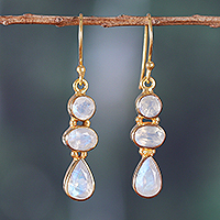 Gold-plated rainbow moonstone dangle earrings, 'Heaven's Dazzle'