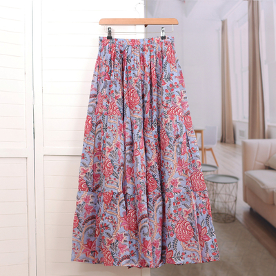 Falda larga de algodón - Falda larga de algodón con cintura elástica floral en color morado y rosa