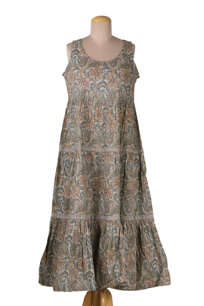 Cotton tiered sundress, 'Subtle Floral' - Spring-Themed Sleeveless Azure and Sand Cotton Maxi Dress