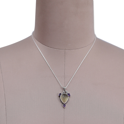 Quartz and amethyst pendant necklace, 'Wise Harmony' - Nine-Carat Pendant Necklace with Lemon Quartz & Amethyst