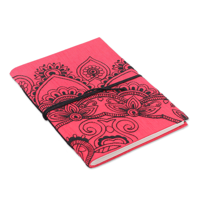 Embroidered journal, 'Floral Glory' - Pink & Black Floral Embroidered Journal with Handmade Paper