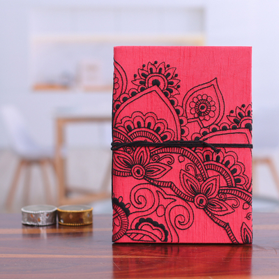 Diario bordado - Diario bordado floral rosa y negro con papel hecho a mano