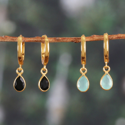 Gold-plated chalcedony and onyx dangle earrings, 'Dual Drops' (set of 2) - Set of 2 18k Gold-Plated Chalcedony and Onyx Dangle Earrings