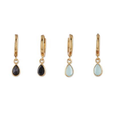 Gold-plated chalcedony and onyx dangle earrings, 'Dual Drops' (set of 2) - Set of 2 18k Gold-Plated Chalcedony and Onyx Dangle Earrings