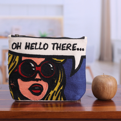 Embroidered cotton cosmetic bag, 'Oh Hello There' - Bold Embroidered Blue Cotton Cosmetic Bag with Zipper