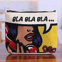 Bolsa cosmética de algodón bordado, 'Bla Bla Bla' - Bolsa cosmética de algodón amarillo bordado audaz con cremallera