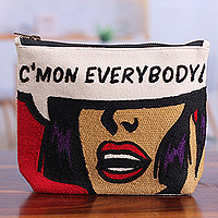 Embroidered cotton cosmetic bag, 'C'mon Everybody' - Bold Embroidered Red Cotton Cosmetic Bag with Zipper