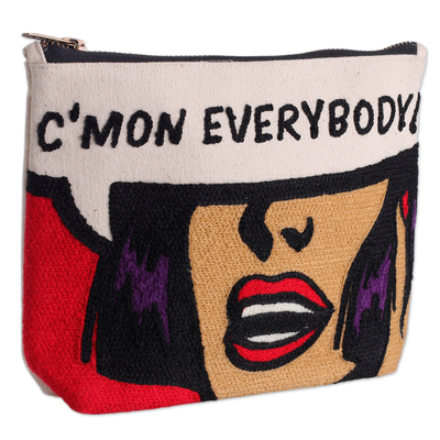 Embroidered cotton cosmetic bag, 'C'mon Everybody' - Bold Embroidered Red Cotton Cosmetic Bag with Zipper
