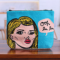 Bolsa cosmética de algodón bordado, 'Ooh La La' - Bolsa cosmética de algodón azul cielo bordada audaz con cremallera