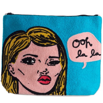 Embroidered cotton cosmetic bag, 'Ooh La La' - Bold Embroidered Sky Blue Cotton Cosmetic Bag with Zipper