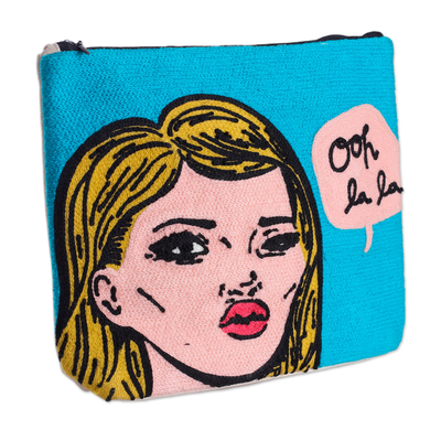 Embroidered cotton cosmetic bag, 'Ooh La La' - Bold Embroidered Sky Blue Cotton Cosmetic Bag with Zipper