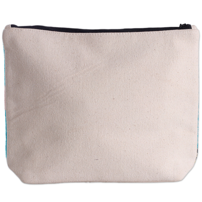 Embroidered cotton cosmetic bag, 'Ooh La La' - Bold Embroidered Sky Blue Cotton Cosmetic Bag with Zipper