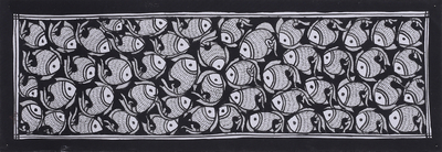 Madhubani painting, 'Fish Harmony II' - Madhubani Fish Painting in Black and White from India
