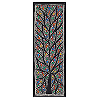 Madhubani-Gemälde „Baum des Lebens mit Vögeln II“ – Madhubani-Gemälde „Baum des Lebens mit bunten Vögeln“.