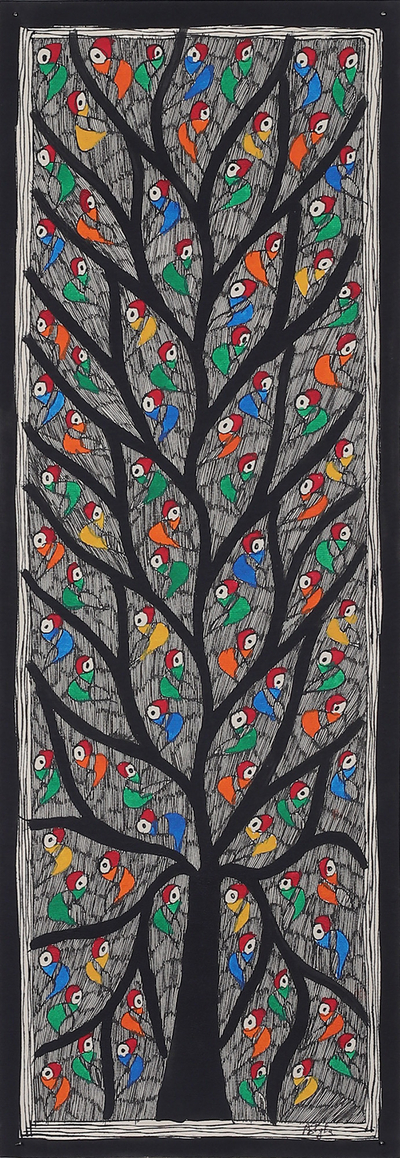 Madhubani painting, 'Tree of Life with Birds II' - Madhubani Painting of Tree of Life with Colorful Birds